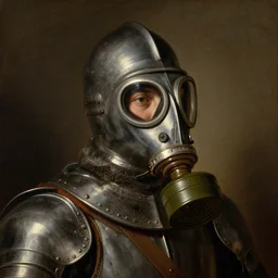 portrait painting of a medieval knight soldier wearing gas mask by George Stubbs, renaissance painting, oil painting, old master, Close up