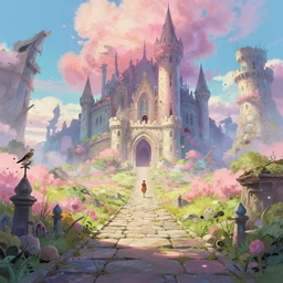 a dreamy otherworldly 3 d render of stone pathway through post - apocalyptic abandoned castle, studio ghibli, pixar and disney exploded - view drawing, sharp, disney octane render splatter paint vray by shinji kimura and alphonse mucha and alena aenami, maximalist pastel color palette, ( ( bloom ) ), dramatic lighting