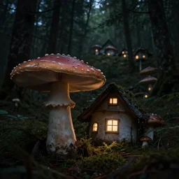 A mushroom house close to the camera in the foreground, mushroom houses village in the distance, light coming from the windows, in a dark forest, macro, underexposed, overecast, mysterious matte painting by greg rutkowski and marc simonetti and Ivan Shishkin