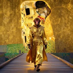 a strange thin monkey - human in regal robes walks toward a sphinx on a medieval bridge, golden hour, dramatic lighting, fluid, smooth, bright, colours, high contrast, sharpness, very detailed, intricate, by moebius, frazetta, giorgio de chirico and klimt