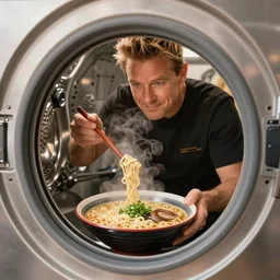 highly detailed close up of gordon ramsay cooking ramen in a washing machine