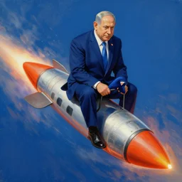 insanely detailed painting of benjamin netanyahu riding on a rocket, digital art, rich vibrant colors, hq, tranding on artstation