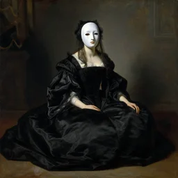 neoclassical portrait of a queen sitting on the floor, completely draped in her black dress, wearing an eerie white circle mask in her temple, by jacques - louis david, by greg rutkowski, by zdzisław beksinski, by josep tapiro baro, trending on artstation, featured on pixiv, masterpiece, oil on canvas, cinematic composition, dynamic beautiful lighting,