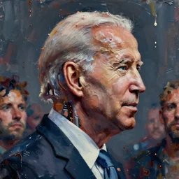 profile cybernetic joe biden's face superimposed over the unwashed masses, dystopian, cyberpunk, dripping oil paint, thick brushstrokes, abstracted painterly techniques, high resolution