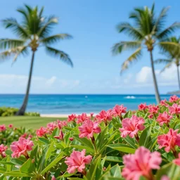 beautiful flowers growing with blue hawaii sea and palm trees in the background