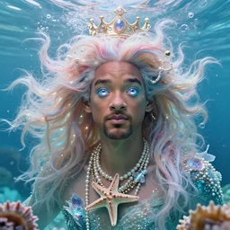 will smith portrait, fantasy, mermaid, hyperrealistic, game character, underwater, highly detailed, sharp focus, cinematic lighting, pearls, glowing hair, shells, gills, crown, water, highlights, starfish, jewelry, realistic, digital art, pastel, magic, fiction, ocean, king, colorful hair, sparkly eyes, fish, heroic, god, waves, bubbles, king