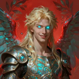 the pale blond male angel of battle lucius smirking, sci fi, glowing eyes, volumetric lights, red and cyan theme, art nouveau botanicals, intricate, highly detailed, digital painting, artstation, concept art, smooth, sharp focus, cinematic, illustration, beautiful face, art by artgerm and greg rutkowski and alphonse mucha