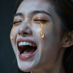beautiful face made of procellain screaming with golden tears, moody lighting and translucent skin
