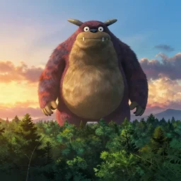 giant monster in the distance, forest, standing on a tree top, 4 k, artgerm, high detail, dramatic lighting, sunset, hayao miyazaki, masashi ando, nizou yamamoto, kazuo oga, joe hisaishi, yoji takeshige, naoya tanaka