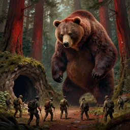 picture of a giant savage bipedal grizzly bear monster looking down at a group of poachers near a cave, redwood forest, art by ismail inceoglu and filip hodas. matte painting, tenebrism, vaporwave style, artistic render