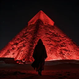 mysterious hooded figure in cloak walking towards a red big pyramid in black space, night, global illumination, hip angle, hyper - realistic, cinematic 8 k