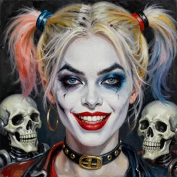 close up face of an extremely beautiful face portrait, masterpiece oil on canvas painting, death and robots, harley quinn, artgerm, norman rockwell, craig mulins, trending on pxiv,
