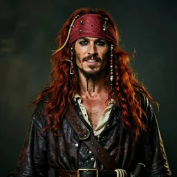 portrait painting of a 3 0 years old rugged masculine muscular male seductive pirate amused expression long long hair soft hair flowing hair crimson hair upper body only chest hair long coat elegant rugged handsome unreal render cinematic lighting art 1 9 2 0 period drama by bussiere rutkowski andreas rocha, wide lens, vray, 8 k hd
