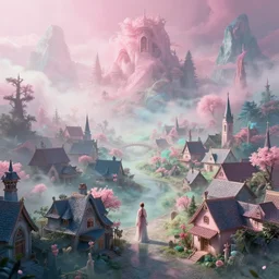 village of dream spirits by charlie bowater and anna dittmann and artgerm and clemens ascher, intricate, elegant, pink and blue and green mist, highly detailed, dramatic lighting, sharp focus, octane render, trending on artstation, artstationhd, artstationhq, unreal engine, 4 k, 8 k