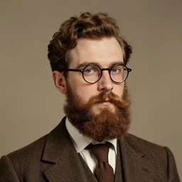 Vintage portrait of a fractal-faced handsome brown-haired bearded man wearing glasses