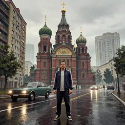 cinematic photo gta 5, rain, man in adidas tracksuit, churches, buildings, road, moskvich, rtx, volumetric light, 3 d artist, art by crewdson gregory and artgerm and reflections, moscow, soviet apartment buildings, award winning, artstation, intricate details, realistic, hyperdetailed, 8 k resolution