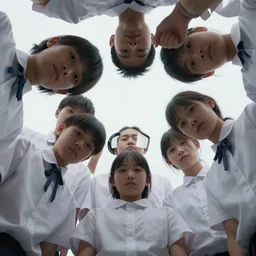 low angle shot, wide lens of group of young asian student with white uniform looking at the camera, octane render, photorealism, by waterhouse, highly detailed, high quality, by beksinski, 8 k, haunting, by millaise
