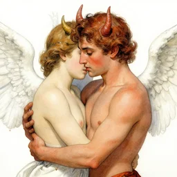 closeup of devil and angel embracing, art by h j ford and walter crane and kay nielsen, watercolor illustration,