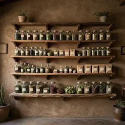 an herbalist shop, adobe wall, simple wood shelves, lots of jars and boxes of herbs, dark fantasy matte painting in the style of ruan jia and craig mullins