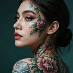 hyperrealistic hyper detailed close-up side portrait of gorgeous woman covered in rococo flower tattoos matte painting concept art hannah yata very dramatic dark teal lighting low angle hd 8k sharp 35mm shallow depth of field