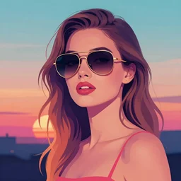 portrait art of an beautiful muted vaporwave sunset ombre stylish retrofuturistic woman wearing oversized aviator sunglasses atmosphere, glow, shaded, full of colour, cinematic lighting, trending on artstation, 4 k, focused, extreme details, vector svg, by patrick nagel, bold clean lines