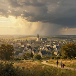 a beautifully ultradetailed painting of the loire valley, golden hour, hazy sunshine, artgerm and greg rutkowski, 4 k : 3, storm, people : - 1, dof : - 1, blur : - 1, unreal engine, trending on artstation