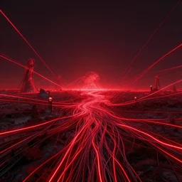Landscape, neon, red, glowing, wires everywhere, by Edgar Maxence and Ross Tran, Zdzisław Beksiński, and Michael Whelan, distant, gustav dore, H.R. Giger, 8k, octane render