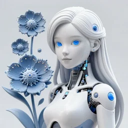 analogous achromatic monochromatic colors 3D render of a beautiful woman cyborg, white hair, blue eyes, 150 mm, flowers, Mandelbrot fractal, anatomical, white armour, mesh structure, wired, microscopic, hyperrealistic, ultra detailed, neural network with neurosynapsis glowing, elegant, highly detailed, flesh ornate, high fashion, rim light, octane render in the style of H.R. Giger and Man Ray