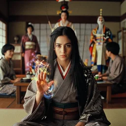 movie still by alejandro jodorowsky of a beautiful day in a family living room in kyoto japan, visible magic energy, costumes, parade floats, cinestill 8 0 0 t eastmancolor technicolor, high quality, very detailed, heavy grain, fine facial features, 8 k, octane render