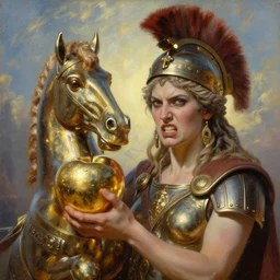 battlefield of trojan war, trojan horse, closeup portrait of eris discordia, holding reflective gold!!! metal apple, goddess of chaos, angry face, fantasy character portrait, ultra realistic, wide angle, intricate details, artifacts, luminous skies, in michael cheval, peter mohrbacher, boris vallejo, jessica rossier, oil painting, highly detailed, cinematic lighting, unreal