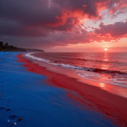 a beach in a alien planet with a red sea and blue sand at sunrise, concept art, octane render, unreal engine 5, trending on artstation, high quality, highly detailed, 8 k hdr, trending on deviantart, red sea, blue sand, high coherence, path traced, high color contrast, serene landscape, beautiful, breathtaking landscape, cinematic lighting, hyperrealistic, masterpiece, godrays