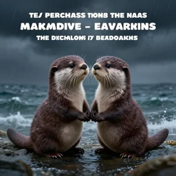 adorable otters falling in love holding hands side by side, all alone in the middle of a scary storm at sea, fantasy illustration, cinematic, award winning, romantic, detailed trending on artstation, masterpiece