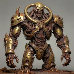 demon realized, intricately macerated by age, sentient, dethroned goliath machine, blood turbines, horrific gods in hydrocracking battles, rusted, macerated, eviscerated by fimbria wires, bicornate fungal pit, brass sheen rotting, by alberto bontempi, jack kirby, alex ross, shigeru komatsuzaki, wayne d