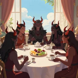 a group of demons have a pleasent tea party on a sunny day