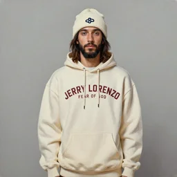 a full body portrait of modern day jesus wearing cream jerry lorenzo fear of god menswear collection by nicola samori, hat and hoodie, detailed, oil painting, hyper realistic, 8 k, yeezy collection