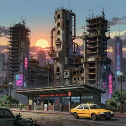 a beautiful very detailed anime illustration of nature architecture urbex city unfinished building building industrial architecture abandoned taxi station by ludwig mies van der rohe, steampunk retrowave at dusk otherworldly evil morning sun studio ghibli sea liberty city neon noir, archdaily, wallpaper, highly detailed, trending on artstation.