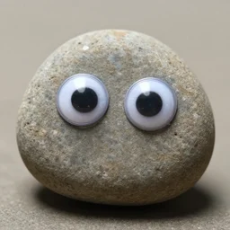 a small rock with 2 wobbly eyes, stone, two round goggle eyes, focus, image of object