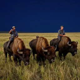 incredible modern evocative artwork of buffalo hunters, buffalo midnight in the style of tim walker fashion photography, buffalos hunting hunters