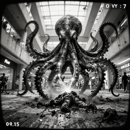camera footage of a extremely aggressive Giant mutated Octopus with glowing white eyes, Human Features, Light Lure, in an abandoned shopping mall, Psychic Mind flayer, Terrifying, Silhouette  :7 , high exposure, dark, monochrome, camera,  grainy, CCTV, security camera footage, timestamp, zoomed in, Feral, fish-eye lens, Fast, Radiation Mutated, Nightmare Fuel, Ancient Evil, Bite, Motion Blur, horrifying, lunging at camera :4 bloody dead body, blood on floors, windows and walls :5