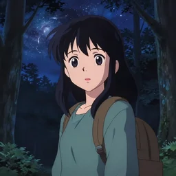 anime cels, anime key visual, young woman traveling in a forest at night, night sky, nebula, very dark, cute face by ilya kuvshinov, yoh yoshinari, dynamic pose, dynamic perspective, rounded eyes, ghost in the shell, kyoani, smooth facial features, dramatic lighting, psycho pass