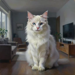 a dramatic portrait of a cat inside a modern apartment, intricate oil painting, hyperdetailed, ethereal, cinematic, dramatic lighting, by jeremy mann and julius adam ii