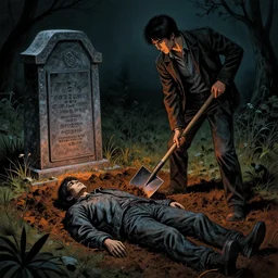 a man with a shovel standing digging up a grave with a dead body in it, subtle blue, orange, and dark green tones, high quality, high detail, dark colors, sinister atmosphere, dramatic lighting, cinematic, establishing shot, extremely high detail, photo realistic, cinematic lighting, pen and ink, intricate line drawings, by Yoshitaka Amano, Ruan Jia, Kentaro Miura, Artgerm, post processed, concept art, artstation, matte painting, style by eddie mendoza, raphael lacoste, alex ross