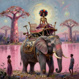 a regal and elegant african queen with a colorful afro sitting in a cabana on top of an extremely large steampunk elephant near a pink lake with a large glowing baobab tree, by amanda sage and alex grey and evgeni gordiets in a surreal psychedelic style, oil on canvas 8k, hd