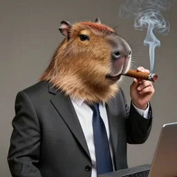a photo of an antropomorphic accurate capybara wearing a business suit and smoking a cigar in his mouth