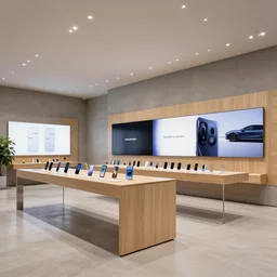 ( 2 0 3 0 s flagship retail interior. experience. telco digital screens phones. wood, polished concrete, neon, ceiling spots. plants. samsung microsoft apple nike adidas tesla muted colors. ) by petros afshar!!!!!!!!!!!!!!