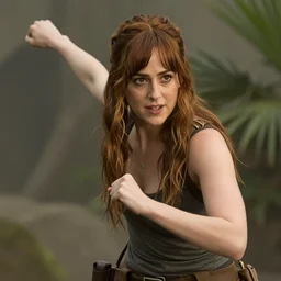 dakota johnson as ellie sattler from jurassic park, perfect face, highly detailed, adventurous, action pose