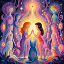a psychedelic realm where astral beings share love greg rutkowski wlop lisa frank bob ross ruan jia illustration