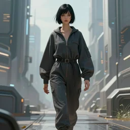 scifi art by greg rutkowsky, a very tall and slim girl with black bob hair with two strands around her face, wearing a oversized jumper jumpsuit, walking through a futuristic city, scifi environment, highly detailed portrait, digital painting, artstation, concept art, smooth, sharp foccus ilustration, artstation hq