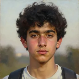 oil painting by ilya kuvshinov, baugh casey, rhads, coby whitmore, of a youthful persian - indian college student, olive skin, high cheekbones, handsome, curly black hair, outdoors, highly detailed, breathtaking face, studio photography, dawn, intense subsurface scattering, blush, supple look, innocence, intense sunlight