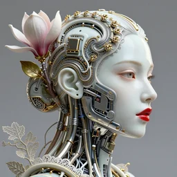 complex 3d render ultra detailed of a beautiful porcelain profile woman face, mechanical cyborg, 150 mm, beautiful natural soft light, rim light, silver gold details, magnolia big leaves and stems, roots, fine foliage lace, maze like, mesh wire, intricate details, hyperrealistic, ultra detailed, mandelbrot fractal, anatomical, red lips, white metal neocubism armor, facial muscles, cable wires, microchip, elegant, octane render, H.R. Giger style, 8k